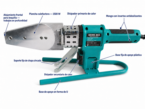 Termofusora digital PPR/PE 1500W Quadrum Soluciones, vista trasera con detalles señalados