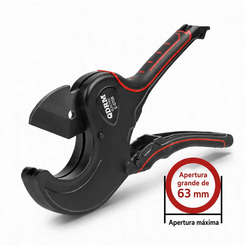 Tijera profesional corta caños PPR 63 mm Quadrum Soluciones, negra con detalles rojos, apertura máxima de 63 mm